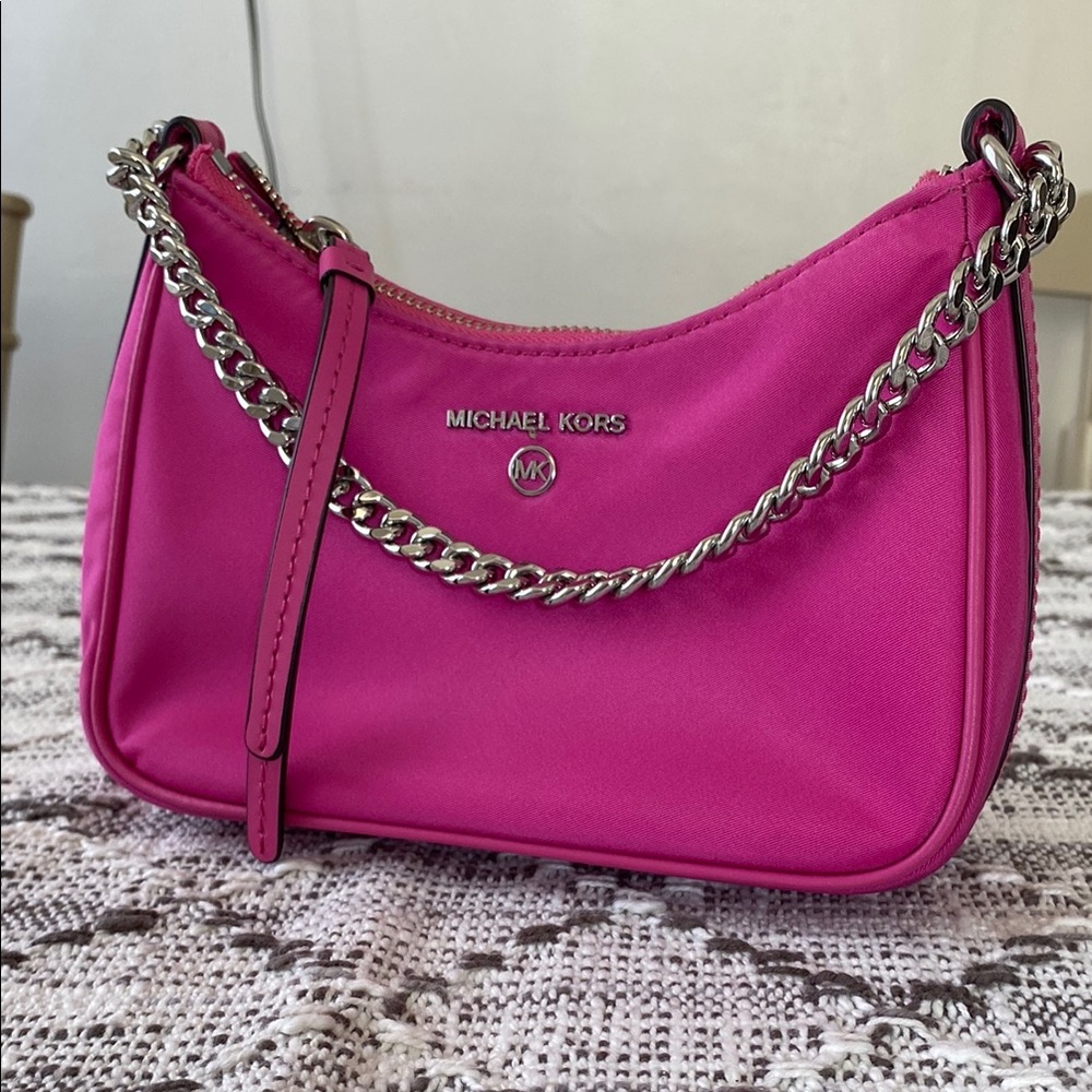 Michael Kors Mini Pink Nylon Shoulder Bag with Silver Chain